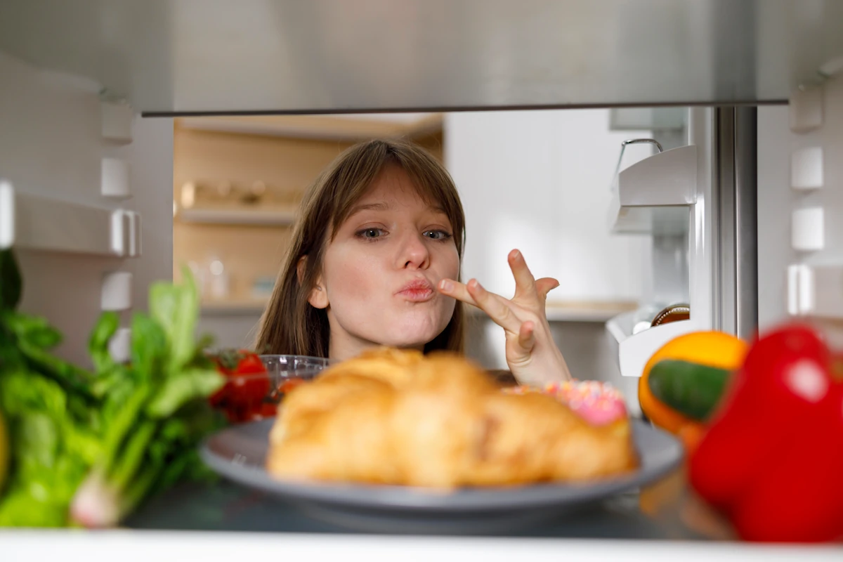Une femme qui regarde dans son réfrigérateur parce qu'elle a faiml